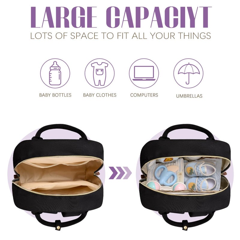 Tuwubi Diaper Bag Backpack, Baby Essentials Travel Tote Bag, Multi function Waterproof Backpacks, Travel Essentials with Stroller Straps & Pacifier Case - Black - Image 3